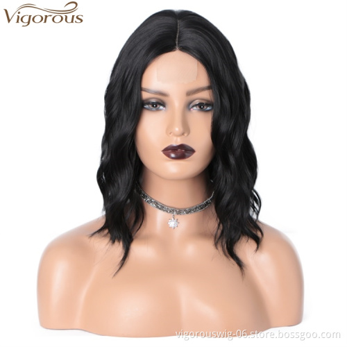 Vigorous Cheap Top Quality Short Wavy Synthetic Middle Part Lace Wigs Heat Resistant Wholesale Price Wigs For black White Women